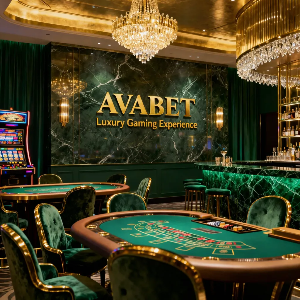 ديكور فاخر لكازينو AVABET مع كراسي خضراء ومنطقة لعب.